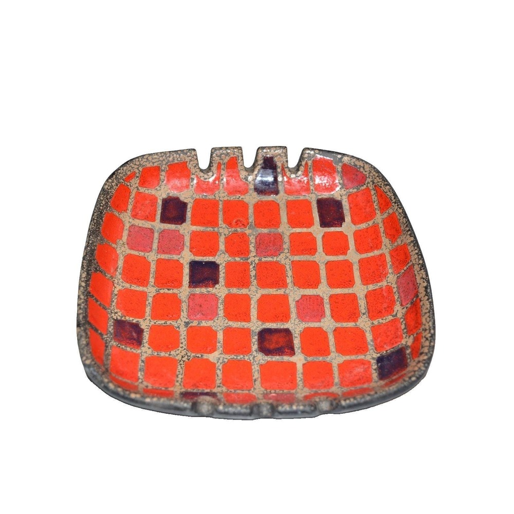 Rare Alvino Bagni Raymor Ashtray Mid Century Modern Red Tan Cubist Pottery 60's
